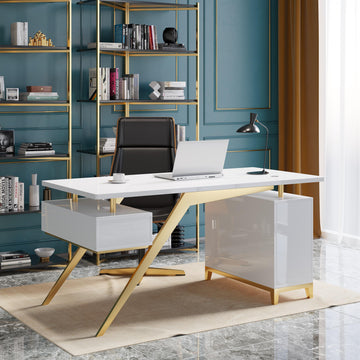 55" Ultra Modern White and Gold Computer Writing Desk with Storage & Drawer